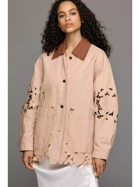 By Anthropologie Cotton Floral Cutwork Barn Jacket XS OVERSIZED
